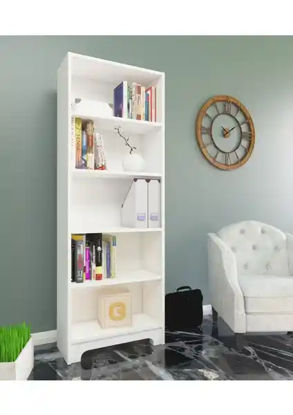 Nur Mobilya Eylül 5 Raflı Beyaz Kitaplık Modern ve Fonksiyonel Depolama Çözümü