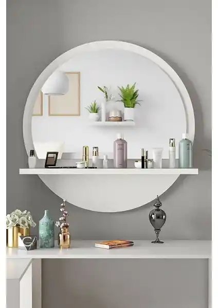 Nysamo Yuvarlak Beyaz Raflı 58CM Ayna: Modern ve Dayanıklı Dekoratif Tasarım