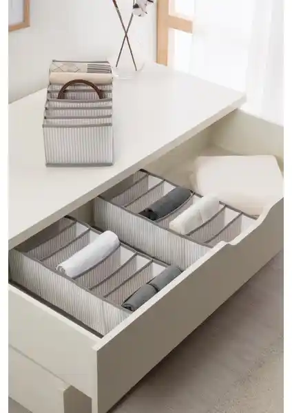 Ocean Home Textile 3'lü 8 Bölmeli Gri Çizgili Dolap Organizer Seti Ev İçin Pratik Çözüm