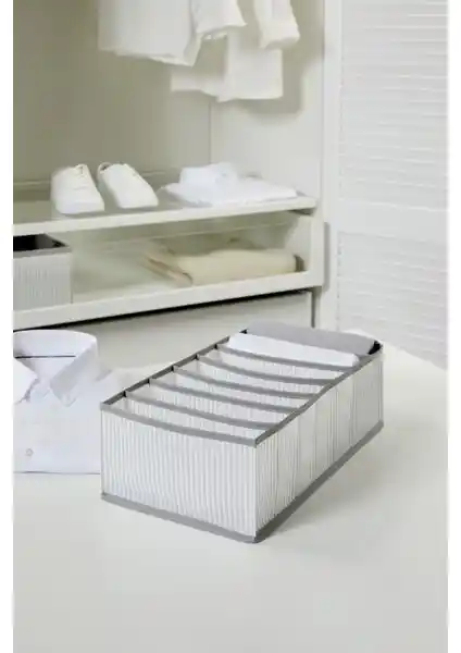 Ocean Home Textile 7 Bölmeli Gri Çizgili Dolap Organizeri ile Eşyalarınızı Düzenleyin