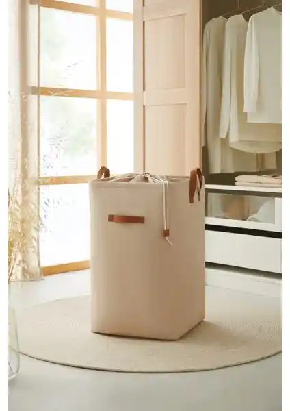 Ocean Home Textile Bej Kumaş Büzgülü Katlanır Çamaşır Sepeti Geniş Hacimli ve Pratik Kullanım
