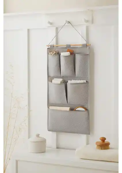 Ocean Home Textile Gri 6 Cepli Çok Amaçlı Askılı Duvar Tipi Organizer (35x65 cm)