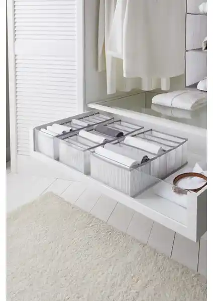 Ocean Home Textile Gri Çizgili 3'lü Dolap Çekmecesi Organizer Seti