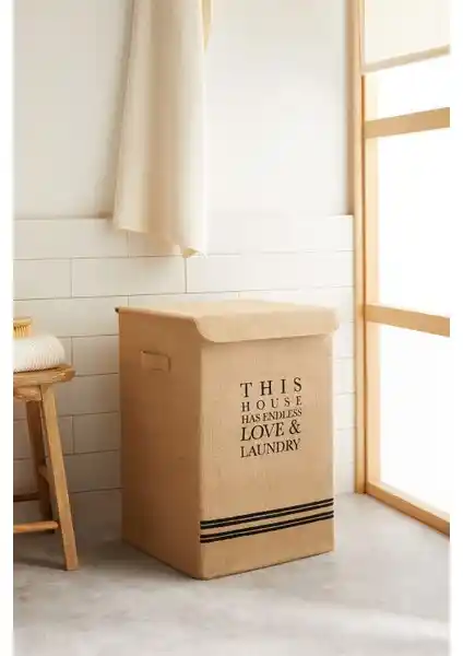 Ocean Home Textile Jüt Kapaklı Katlanabilir Çamaşır Sepeti Geniş Hacimli ve Şık Tasarım