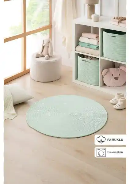 Ocean Home Textile Mint Renkli Yuvarlak Pamuklu Yıkanabilir Halı Kilim, Modern ve Şık Tasarım