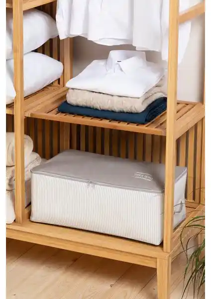 Ocean Home Textile Orta Boy Gri Çizgili Baza Altı Hurcu Pratik ve Şık Depolama Çözümü