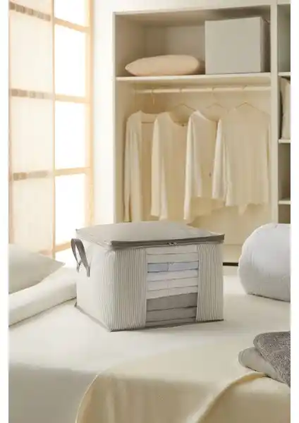 Ocean Home Textile Orta Boy Pencereli Hurç Gri Çizgili Kazak ve Yorgan Saklama Çözümü