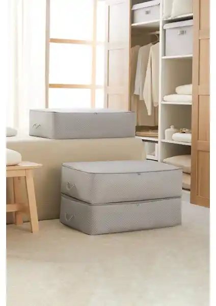 Ocean Home Textile Üçlü Gri Balıksırtı Baz Altı Hurç Seti Pratik ve Şık Depolama Çözümü