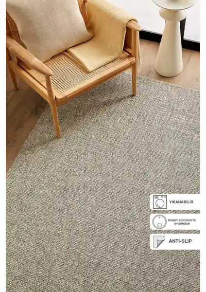 Ocean Home Textile Yıkanabilir Jüt Görünümlü Gri Hasır Desenli Halı 120x180 cm