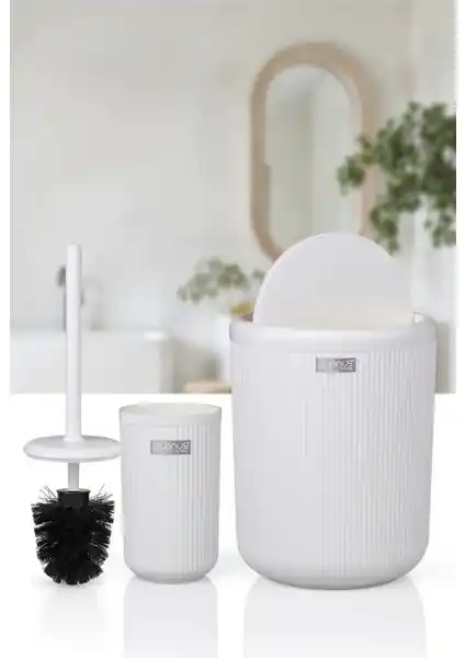 Okyanus Home Linea Beyaz Çizgili Yuvarlak 2'li WC Kova ve Fırça Seti Modern ve Şık Banyo Temizlik Çözümü