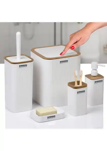 Okyanus Home Mina Due Beyaz Çizgili Kare 5'li Banyo Seti Modern ve Şık Tasarım