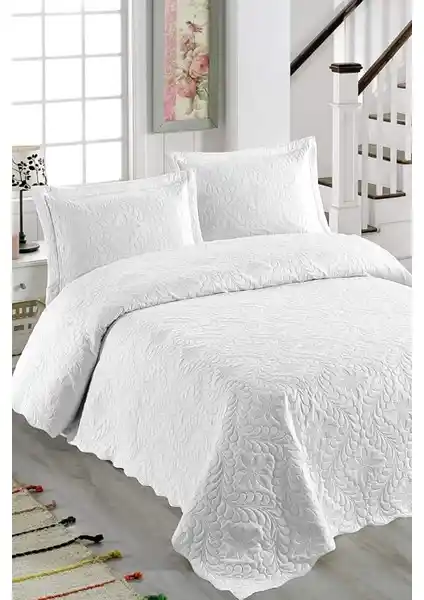 Örtüm Sarmaşık Çift Kişilik Düz Renk Yatak Örtüsü Takımı Beyaz Modern ve Şık Tasarım