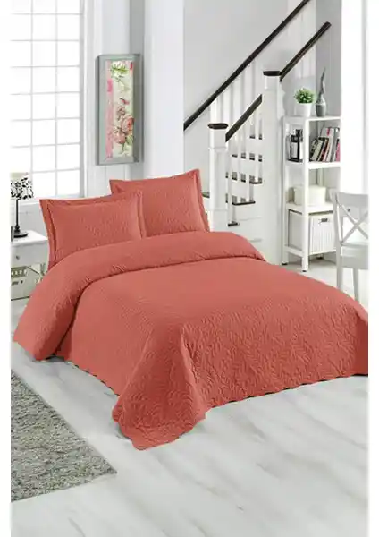 Örtüm Sarmaşık Çift Kişilik Düz Renk Yatak Örtüsü Takımı Mercan Rengi