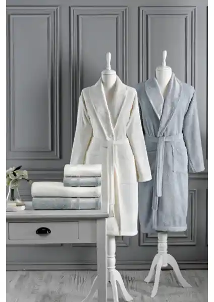 Özdilek Dory Aile Bornoz Seti Krem ve Gri Renklerle Şık ve Konforlu Banyo Tekstili