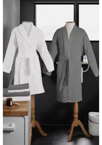 Özdilek Elissa Aile Bornoz Seti Gri Beyaz - Yüksek Kalite ve Konfor Sunan Banyo Takımı