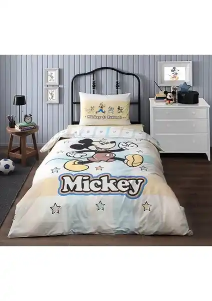 Özdilek Mickey Mouse Lisanslı Tek Kişilik Lastikli Çarşaf ve Nevresim Takımı