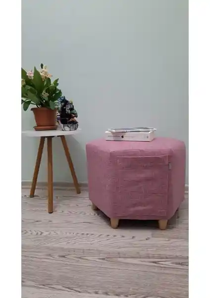 Papuli Ahşap Ayaklı Keten Kumaş Altıgen Puf ve Bench Modern ve Şık Tasarım