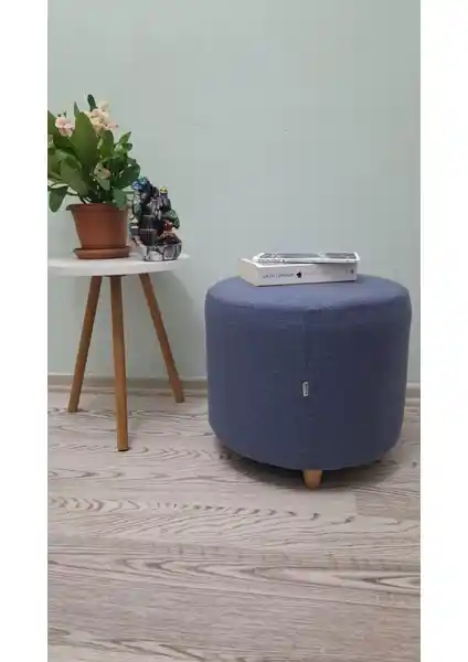 Papuli Ahşap Ayaklı Keten Kumaş Yuvarlak Puf ve Bench Dekoratif ve Fonksiyonel Mobilya