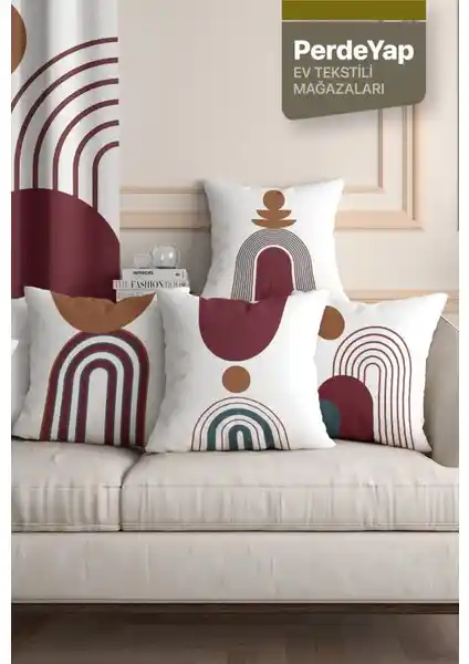 PerdeYap Beyaz Zemin Üzerine Kiremit Geometrik Desenli 4'lü Dijital Baskılı Kırlent Kılıfı