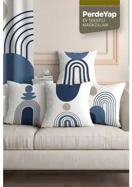 PerdeYap Beyaz Zeminde Lacivert Geometrik Desenli 4'lü Kadife Kırlent Kılıfı