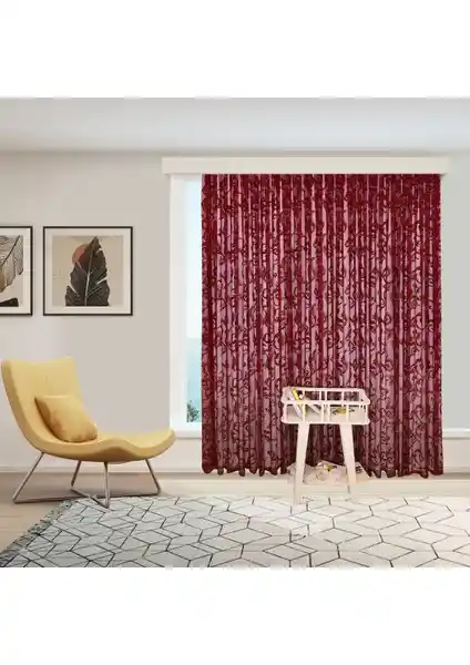 Perhal Bordo Şal Desenli Kırışmayan Tül Perde - Dayanıklı ve Estetik Tasarım