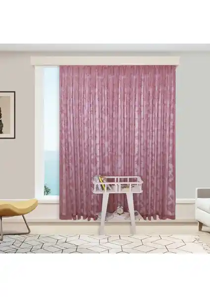Perhal Damaks Osmanlı Desen Pembe-Gül Kurusu Tül Perde Klasik ve Modern Tasarım İle Şık Dekorasyon