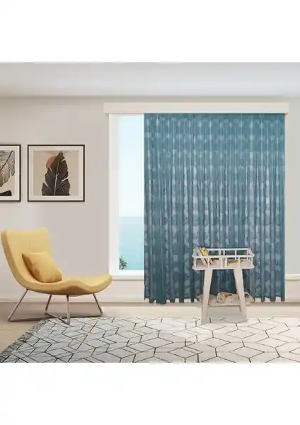 Perhal Damaks Osmanlı Desen Petrol Mavisi Turkuaz Tül Perde - Kişiye Özel ve Kırışmaz Tasarım