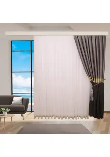 Perhal Etek İşlemeli Grek Altın Renk Tül Perde Modern ve Şık Dekorasyonlar İçin Uygun