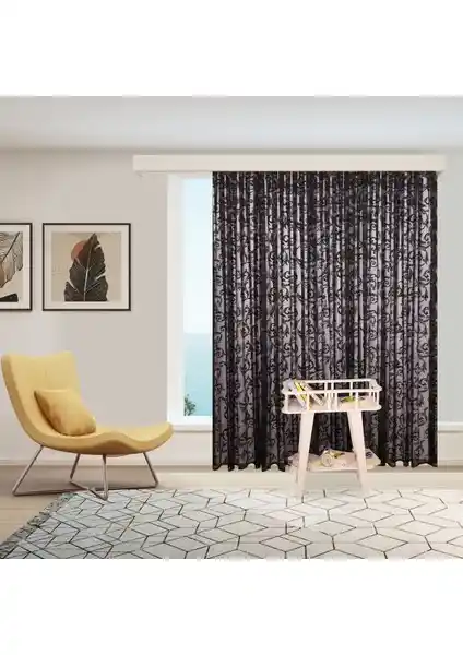 Perhal Siyah Şal Desen Tül Perde Kırışmayan ve Özel Ölçü Seçeneği ile Dekorasyonunuza Şıklık Katar