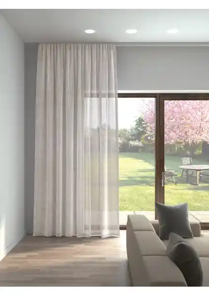 Perle Bej Renk Keten Görünümlü Düz Tül Perde: Estetik ve Kullanım Kolaylığı Sağlayan Tasarım