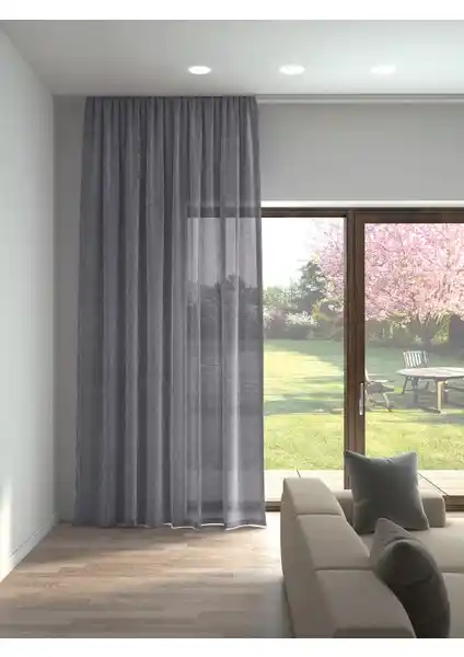 Perle Koyu Gri Renk Keten Görünümlü Düz Tül Perde Modern ve Dayanıklı Dekorasyon Seçeneği