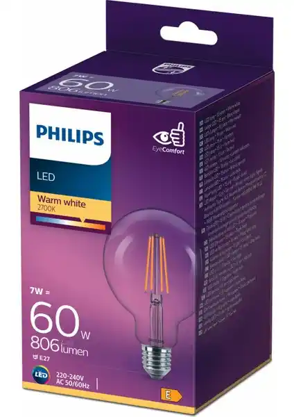 Philips 60W Filament Globe Ampul G93 Sarı Işık 2700K - Modern ve Şık Aydınlatma Çözümü