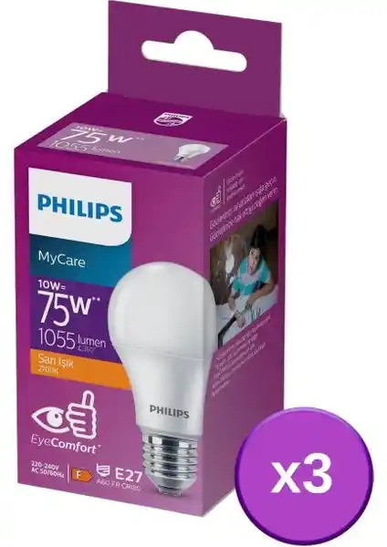 Philips LED 10-75W Ampul 2700K Sarı Işık 3'lü Set Evde Sıcak Atmosfer Yaratır