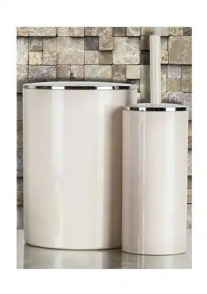 Primanova Lenox Bej Çöp Kovası ve Klozet Fırçası Modern Banyo Aksesuarı
