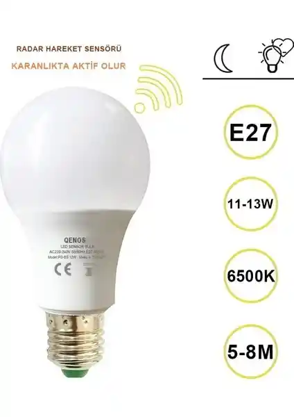 Qenos RADAR Sensörlü LED Ampul 12 W E-27 Beyaz Modern Otomatik Aydınlatma Çözümü