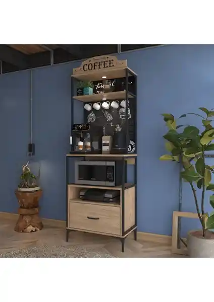 Rani JE154 Işıklı Kahve Köşesi Çekmeceli Çok Amaçlı Mutfak Dolabı Ceviz Renkli