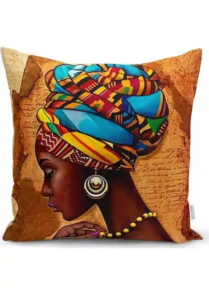 RealHomes Afrika Kadın Çizimli Dijital Baskılı Yastık Kırlent Kılıfı Modern ve Şık Dekorasyon İçin