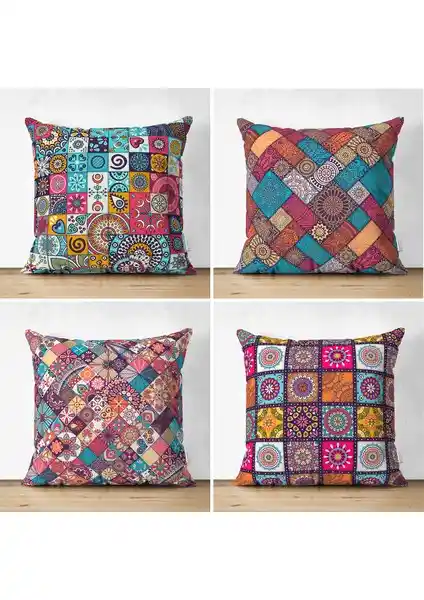 RealHomes Dekoratif Kilim Desenli 4'lü Çift Taraflı Süet Yastık Kırlent Kılıf Seti