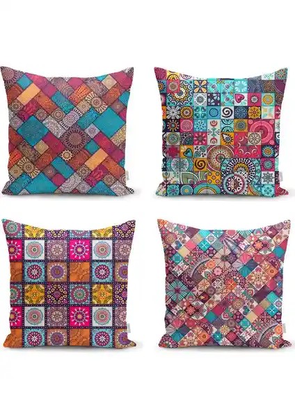 RealHomes Dekoratif Mozaik Desenli 4’lü Yastık Kırlent Kılıf Seti Modern ve Şık Ev Dekorasyonu İçin