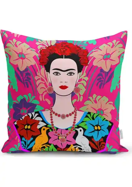 RealHomes Fuşya Zeminde Frida Kahlo Motifli Özel Tasarım Kırlent Kılıfı - Şık ve Dayanıklı Ev Dekorasyonu