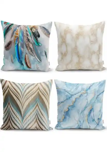 RealHomes Mavi Renklerin Uyumu Dijital Baskılı Dekoratif Yastık Kırlent Kılıfı Seti 4'lü Modern Tasarım