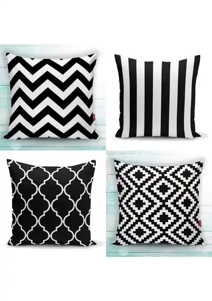 RealHomes Siyah Beyaz 4'lü Kırlent Kılıfı Seti Modern ve Şık Dekorasyon İçin Uygun
