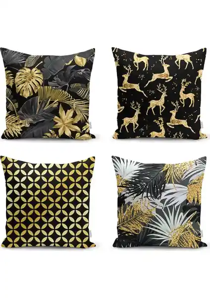 RealHomes Siyah Zemin Altın Varaklı Dekoratif 4’lü Yastık Kırlent Kılıf Seti