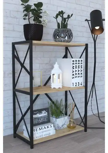 Remaks 3 Raflı Metal Kitaplık Meşe Renkli Modern ve Dayanıklı Tasarım