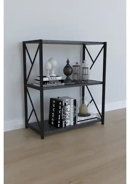 Remaks 3 Raflı Metal Kitaplık Siyah Mermer Görünümlü Modern ve Dayanıklı Depolama Çözümü