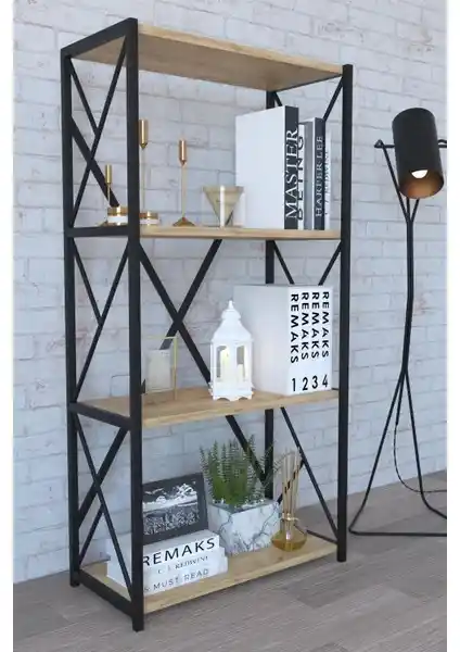 Remaks 4 Raflı Metal Kitaplık Meşe Rengi Modern Depolama Çözümü