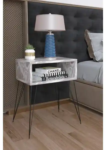 Remaks Elit Metal Ayaklı Komodin Beyaz Mermer Yüzey ile Modern ve Şık Tasarım