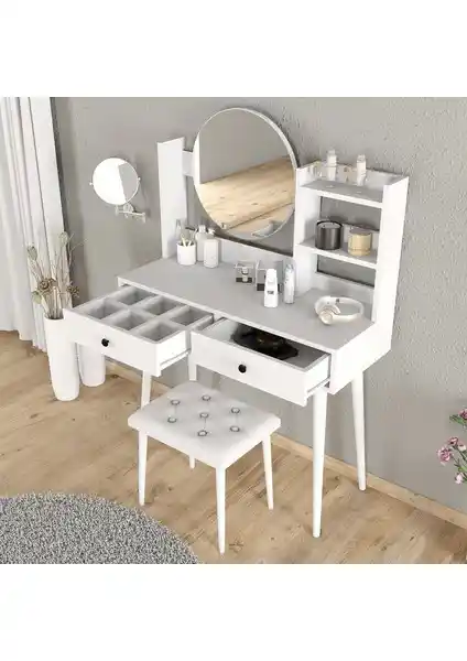 Roewood Efsane Makyaj Masası ve Beyaz Tabure Takımı Modern Estetik ve Fonksiyonellik