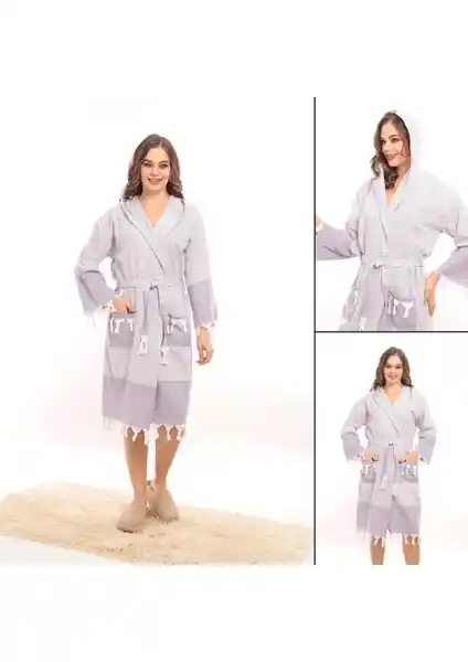 Rozet Tekstil Hürrem Mor Püsküllü Kapüşonlu Bornoz Unisex Şık ve Pratik Tasarım