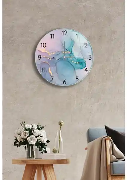 Saban Duvar Saati Cam Pembe Mavi 27 cm Sessiz Çalışan Modern Dekoratif Saat